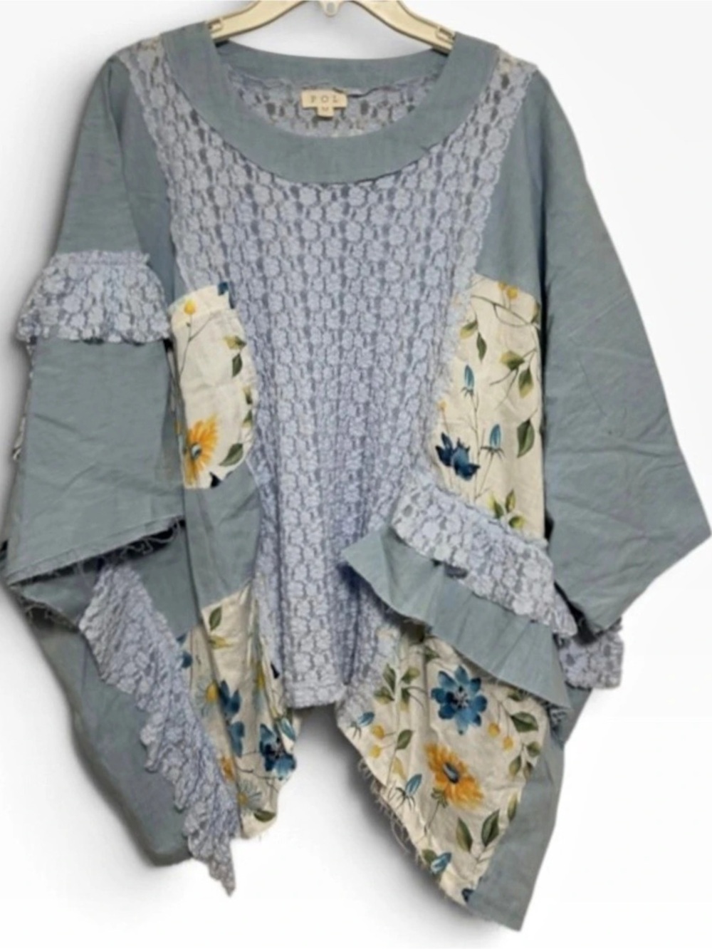 P POL Clothing Boho Patchwork Lace Floral Oversized Blouse Top Grey Medium